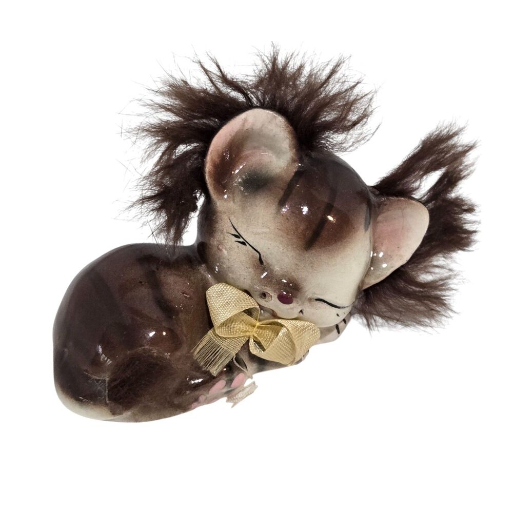 Mid Century Ceramic Cat Figurine With Furry  ears and Tail 4" Japan Ucagco sleep